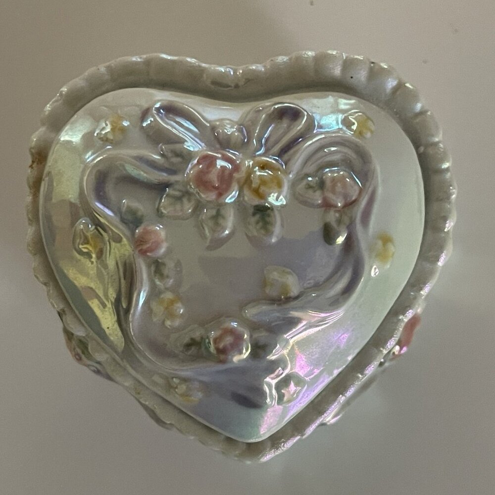 Trinket Box Iridescent Floral Ribbon Heart Cottage Core Vintage Valentine
